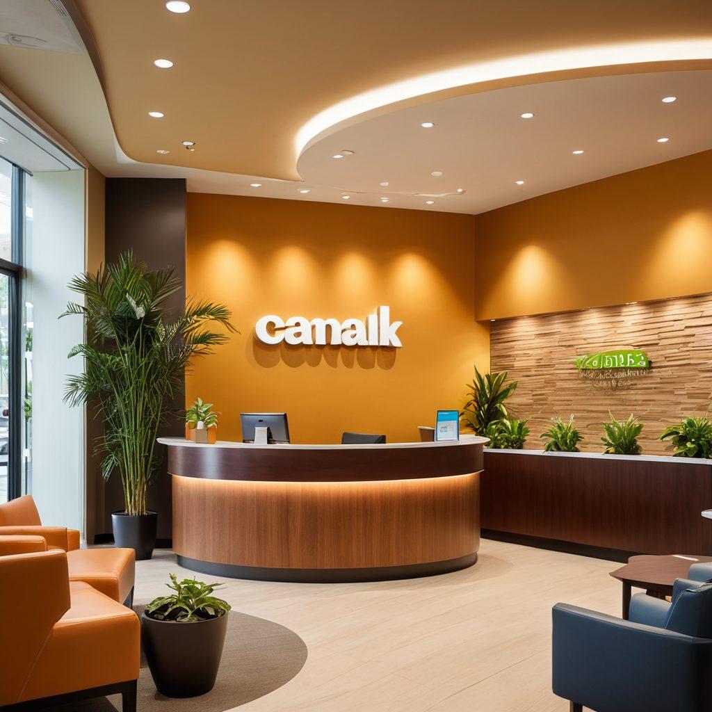 A warm, inviting bank interior featuring friendly staff interacting with diverse customers. Include elements like handshakes, smiles, and personalized service, emphasizing connection and trust. Soft lighting and comfortable seating enhance the atmosphere. Decorate with plants and artwork that symbolize growth and stability. super-realistic. warm colors. modern design.