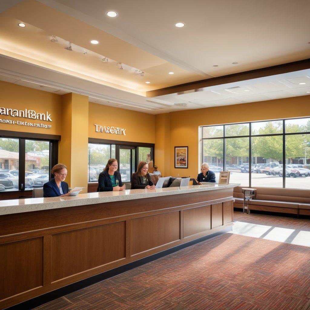 A warm and inviting community bank interior filled with smiling staff assisting diverse customers, surrounded by photographs of local events and community achievements. Sunlight streaming through large windows highlighting the interplay of trust and friendship. Iconic bank features like a welcoming counter and comfortable seating areas where people connect. super-realistic. vibrant colors. warm ambiance.