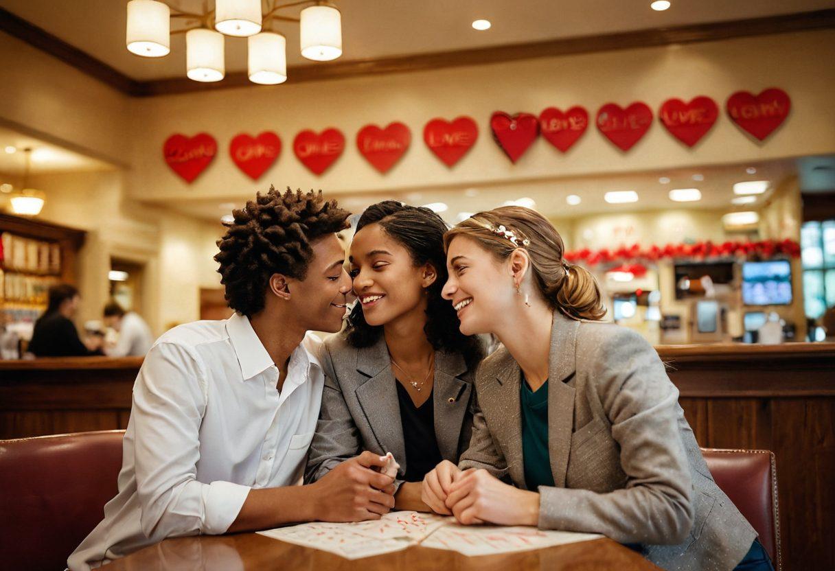 A couple sharing a cozy moment at a community bank, surrounded by heart-shaped decorations and financial symbols. A warm, inviting atmosphere with soft lighting and community-focused elements like local businesses in the background. Incorporate subtle romantic motifs such as flowers or love notes mixed with financial charts. super-realistic. warm tones. soft focus.